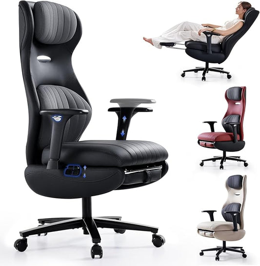 EMIAH Ergonomic Office Chair with Foot Rest Reclining Office Chair with Adjustable Arms and Headrest High Back Gaming Chair with Lumbar Support, PU Leather（Black）