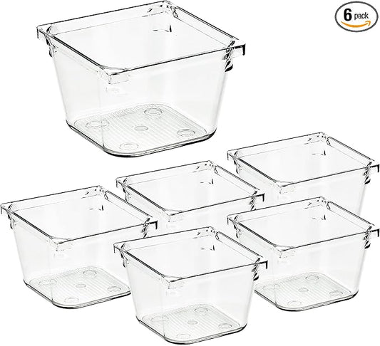 Ravinte 6 Pack Drawer Organizer - 3" X 3" Plastic Storage Bins, Acrylic Organizers with Non-Slip Pads Clear Desk Storage Tray for Makeup, Jewelries, Kitchen Utensils, Bathroom and Office