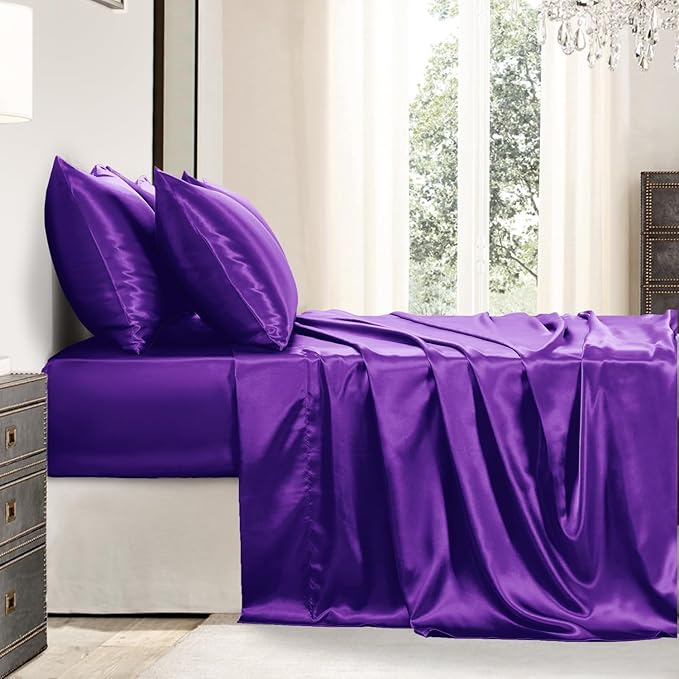 Satin Sheets Queen Size - 6 Pieces Luxury Silky Soft Bed Sheets, Wrinkle-Free Dark Purple Satin Silk Sheet Set with 1 Deep Pocket Fitted Sheet, 1 Flat Sheet, 4 Pillow Cases