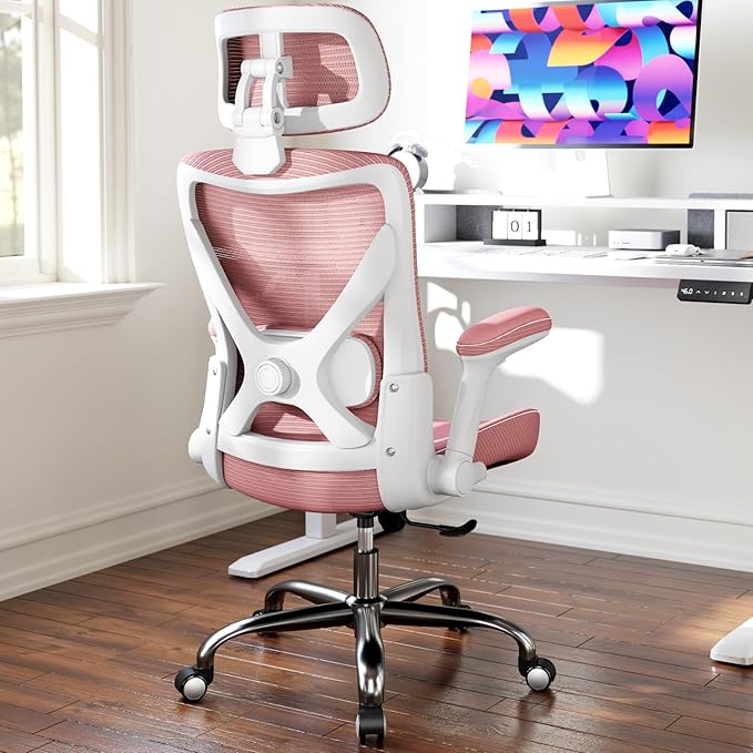 Office Home Ergonomic Desk Chair-Computer X-Shaped Chair Mesh PU Leather with Adjustable Lumbar Support-Executive Chair High Back with Headrest Flip-Up Arms for Long Hours (Dark Pink)