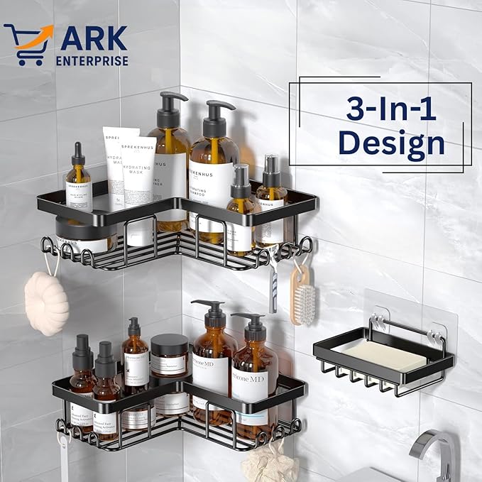 Shower Caddy Corner Shelf with Soap Holder, No Drill Adhesive Wall Mounted with Hooks - Rustproof Stainless Steel Rack by ARK.