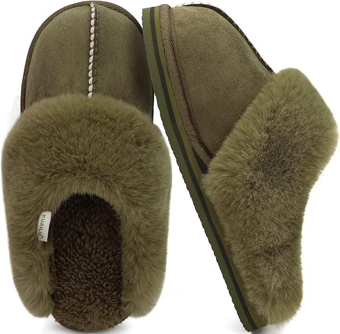 KuaiLu Womens Fluff Dual Memory Foam Slippers Ladies Cozy Arch Support Warm Scuff Slippers Slip on Comfy Winter House Shoes with Non-Slip Indoor Outdoor Hard Sole