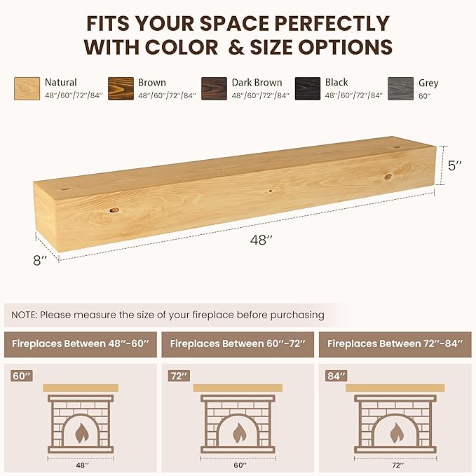 Dreamland Fireplace Mantel - Wall-Mounted Mantles for Over Fireplace - Farmhouse Fireplace Mantle Shelves - Handcrafted Wood Fireplace Mantels - Floating Fireplace Mantel 48 X 8 X 5 - Natural