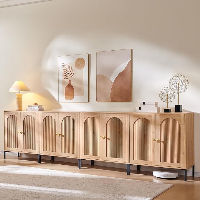 Bathroom Cabinet with Storage, 123.5" W Fluted Arched Free Standing Floor Cabinet w/Adjustable Shelves, Modern Sideboard Cabinet for Bathroom, Kitchen, Living Room, Entryway, Natural