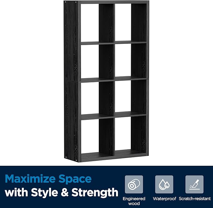 8 Cube Storage Organizer, Cube Shelf with Heavy-Duty Thick Boards, 25.12" L x 9.37" W x 48.74" H, Smooth Easy-Clean Panels, Simple Assembly, for Living Room Bedroom Office, Black