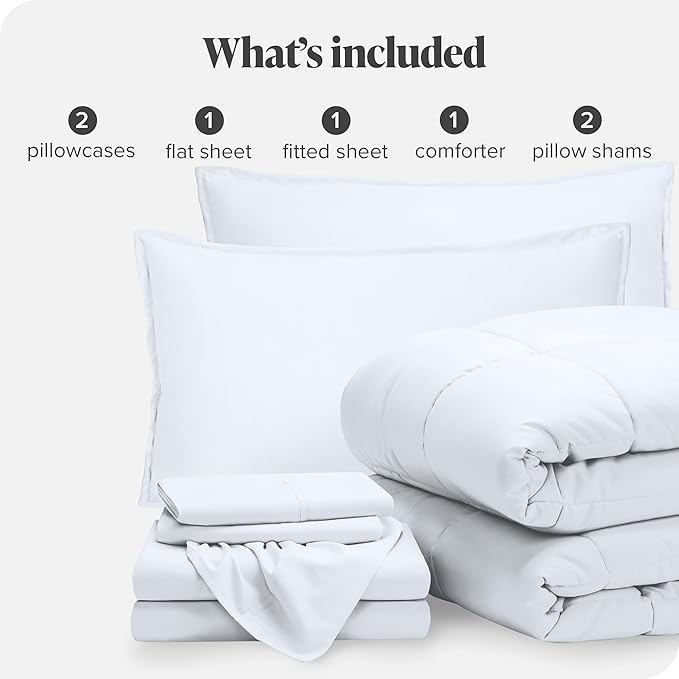 Bare Home Bed-in-A-Bag 7 Piece Comforter & Sheet Set - King - Goose Down Alternative - Ultra-Soft 1800 Premium - Bed Set (King, White/White)