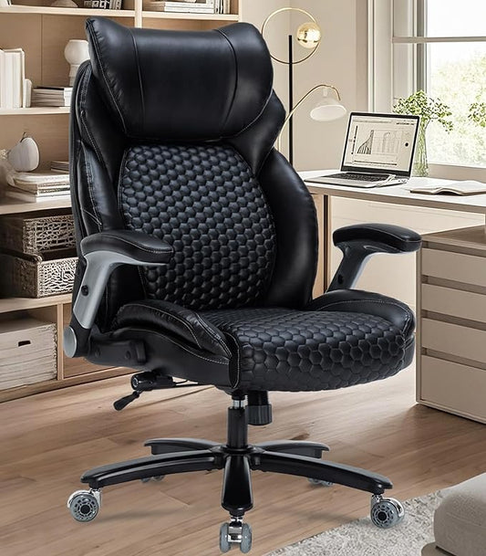 Office Chair Big and Tall 500lbs, Desk Chair Comfy, Oversized Computer Gaming Chair Extra Wide, Executive PU Leather Heavy Duty, Flip-Up Arm&Ergonomic Lumbar Support with Rubber Wheel