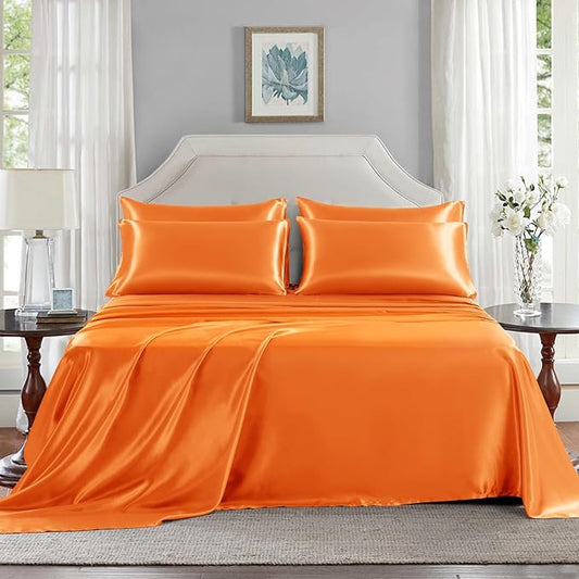 Satin Sheets King Size - 6 Pieces Luxury Silky Soft Bed Sheets, Wrinkle-Free Burnt Orange Satin Silk Sheet Set with 1 Deep Pocket Fitted Sheet, 1 Flat Sheet, 4 Pillow Cases