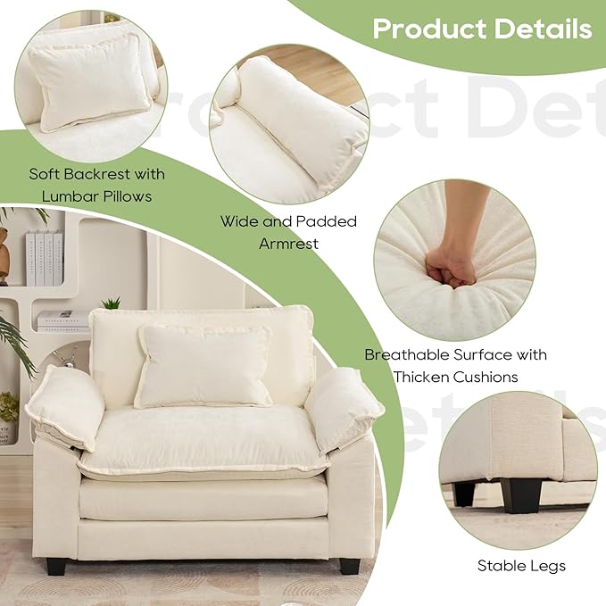 Modular Sectional Sofa, Comfy Cloud Couch Sectional Sofa, Chenille Sofa Sleeper Deep Seat Sofa with Throw Pillows for Living Room (Beige White, 53"- Single Seat)