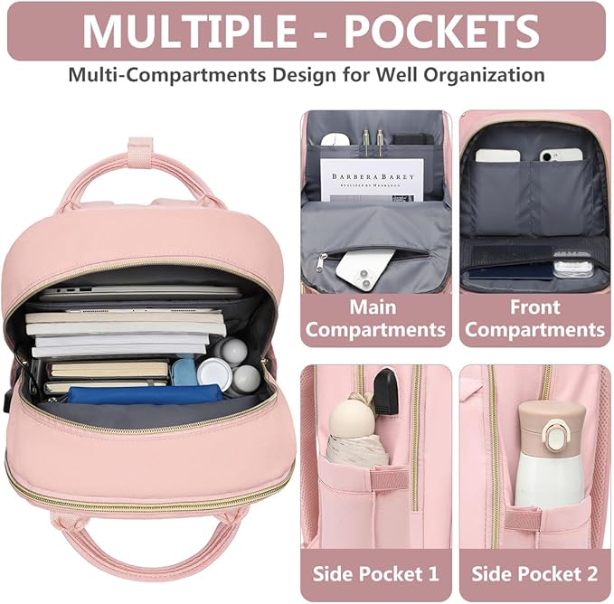 Laptop Backpack for Women Work Bag - 15.6 inch Travel Backpack with USB Charger Business Computer Backpacks for Office College Back pack for Teacher Casual Waterproof Bookbag for Nurses Pink