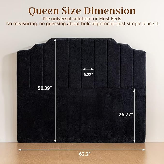 Queen Headboard Only - Black Velvet Upholstered Headboard for Bed, No Assembly Required, Pure Sponge Design, Place Between Bed & Wall, Vertical Stripe with Stepped Crown Top Edge