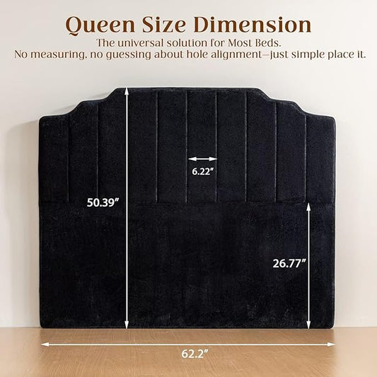 Queen Headboard Only - Black Velvet Upholstered Headboard for Bed, No Assembly Required, Pure Sponge Design, Place Between Bed & Wall, Vertical Stripe with Stepped Crown Top Edge