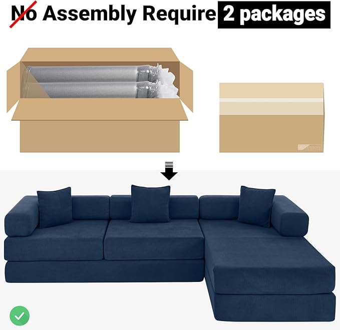 108" Oversized Convertible Sleeper Sofa Bed, Corduroy L Shape Sectional Couch, Folding Sofa Bed with Fixed-Shape Frame, Modern Cloud Floor Mattress Couch, Modular Sofa for Living Room, Blue