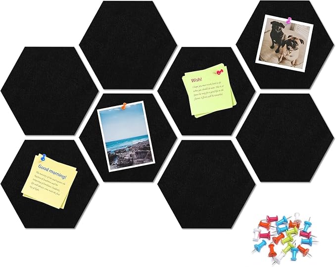 12" Black Cork Board for Wall, 8 Pack Hexagon Bulletin Board with with 30 Push Pins, Felt Pin Board, Felt Wall Tiles for Office Home Photos Decor