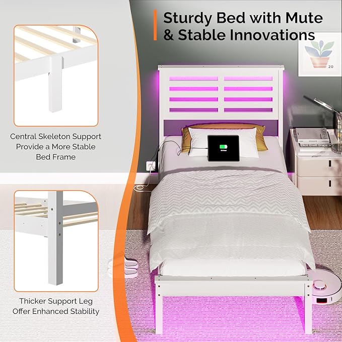 VINGLI Solid Wood Twin Bed Frame with LED Lights & USB Charging Station Single Platform Panel Bed with 40 Inches Tall Headboard for Kids,No Box Spring Needed,White