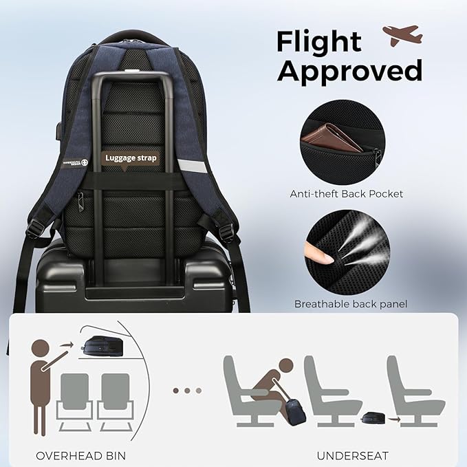 Swissdigital Design Travel Laptop Backpack for Men and Women, Business Backpack with USB Charging Port for Fits 16 Inch Notebook, Blue | SD1670-12