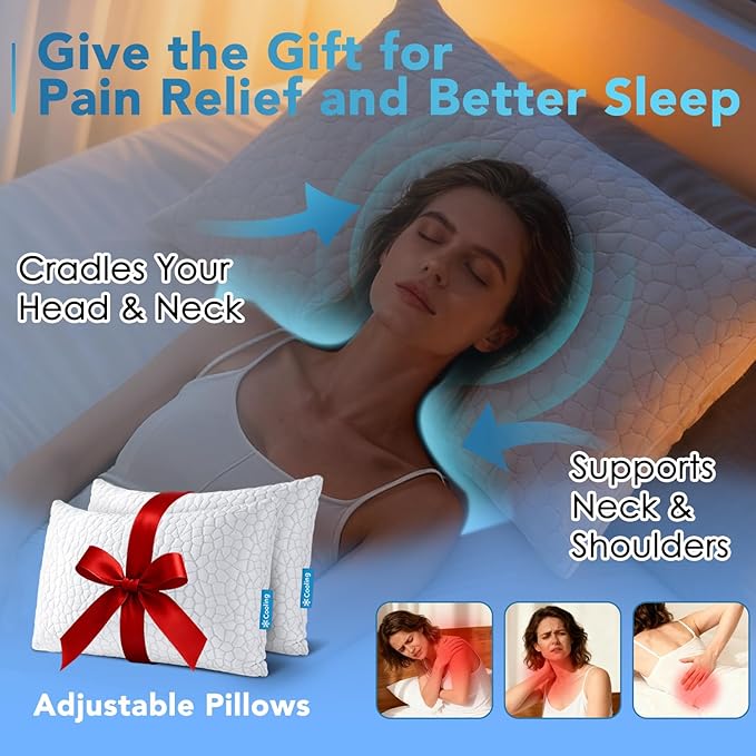 QUTOOL Cooling Pillow for Sleeping 2 Pack, Luxury Shredded Memory Foam Bed Queen Pillows Set of 2, Cool Pillow for Hot Sleepers Adjustable Firm Pillow for Side, Back, Stomach Sleepers Soft Yet Support
