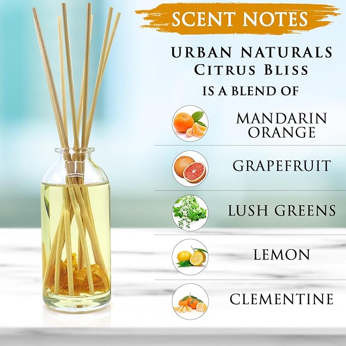 Urban Naturals Citrus Bliss Mandarin Orange & Grapefruit Essential Oil Reed Diffuser w/Real Orange! | Fresh Home Fragrance