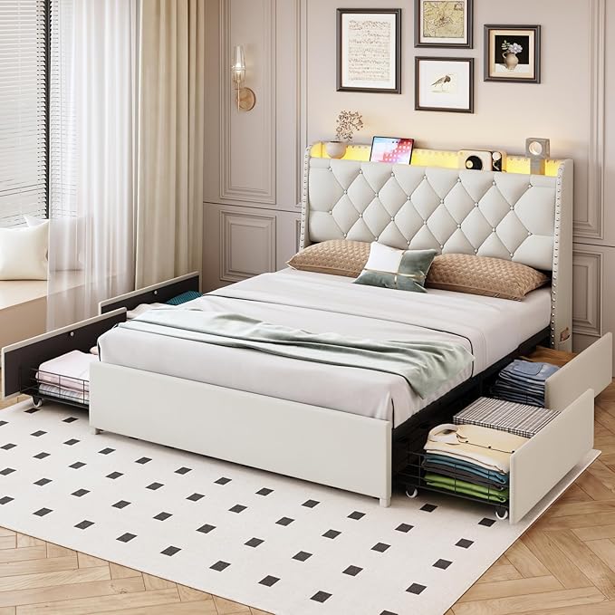 Full Size Bed Frame with 4 Drawers and Storage Headboard, Upholstered Tufted Wingback Bed Frame with LED Lights and Charging Station, No Box Spring Needed, Easy Assembly, Noise Free, Beige