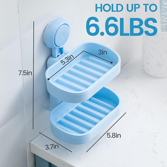 TAILI Double Layer Soap Dish Holder Suction Cup, Strong Sponge Holder for Shower, No Tools Soap Saver for Bathroom, Tub and Kitchen Sink, Shower Accessories, Drill-Free, Removable, Blue