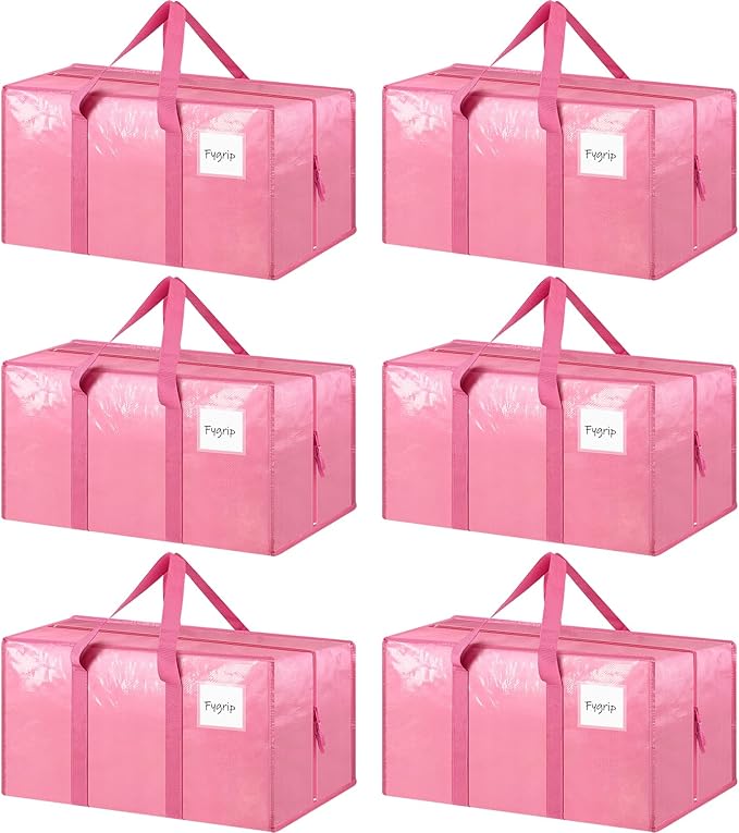 6 Pack Extra Heavy Duty Large Moving Bags with Strong Zipper & Comfortable Handles, Sturdy & Durable Clothes Storage Bags Totes Bins, Packing Moving Boxes for College Supplies, Pink