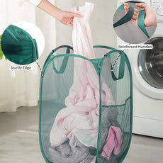 2 Pack Durable Collapsible Laundry Baskets - Reinforced Mesh Pop Up Laundry Hamper with Pocket, Foldable Dirty Clothes Hamper with Carry Handles for Laundry, Bathroom, Kids Room, Dorm or Travel Green