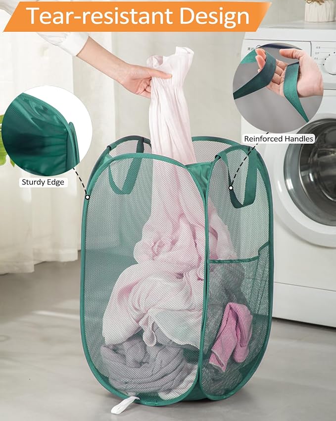 2 Pack Durable Collapsible Laundry Baskets - Reinforced Mesh Pop Up Laundry Hamper with Pocket, Foldable Dirty Clothes Hamper with Carry Handles for Laundry, Bathroom, Kids Room, Dorm or Travel Green