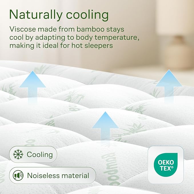 Ultra Soft King Size Mattress Topper - Viscose Made from Bamboo Pillow Top Mattress Pad for Back Pain Relief - Naturally Cooling for Hot Sleepers, Green