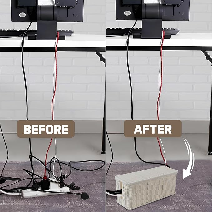 Cable Management Box, Handmade Rattan Cable Organizer, 2 Open Slots Cords Hider Box, Under Desk Cord Organizer for Computer Router USB Hub & Power Strip, Patent Pending, 13" x 5.1" x 5.1", White