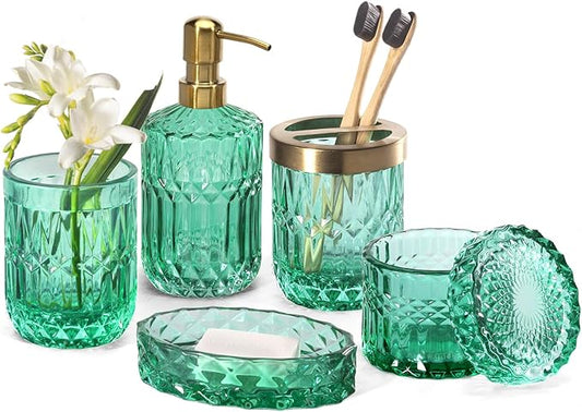 EMPO 6PCS Bathroom Clear Glass Accessories Set (Lotion Soap Dispenser, Soap Dish, Toothbrush Holder, Tumbler, Cotton Swab Jar), Contemporary Modern Decor Crystal Vintage Gift (6pcs Vintage Jade)