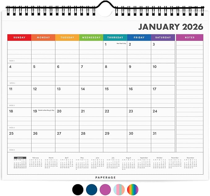 PAPERAGE 2026 Calendar, 12 Months (January 2026 - December 2026), Small (9 in x 11 in), Minimalist Wall and Desk Calendar with Monthly Views, Yearly Plans & Notes Section – Rainbow