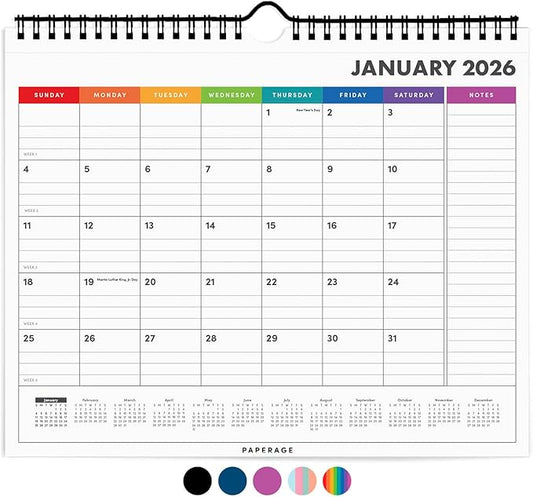 PAPERAGE 2026 Calendar, 12 Months (January 2026 - December 2026), Small (9 in x 11 in), Minimalist Wall and Desk Calendar with Monthly Views, Yearly Plans & Notes Section – Rainbow
