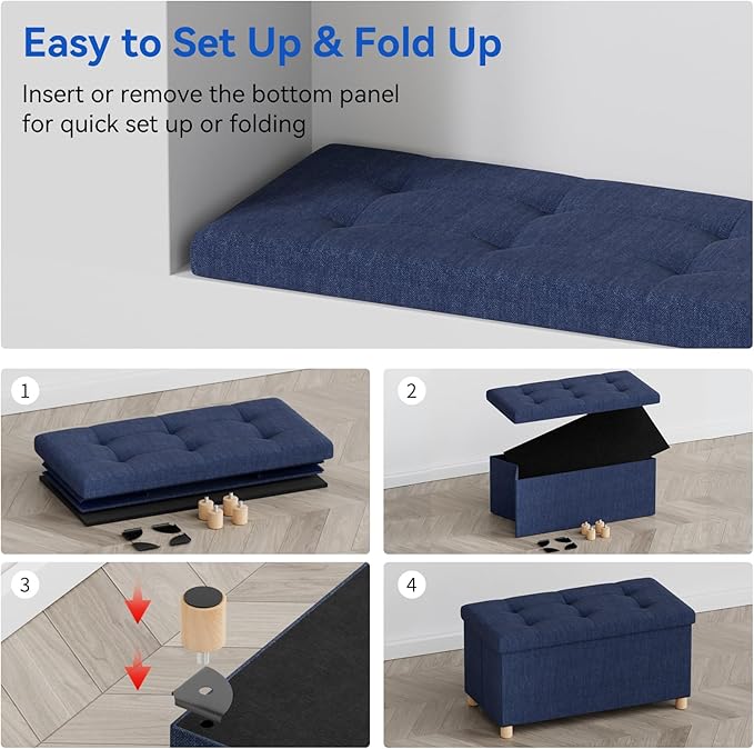 BRIAN & DANY 30 Inches Folding Storage Ottoman Bench, Ottoman with Storage Bench for Bedroom, Living Room, Entryway, Foot Rest with Legs, Blue