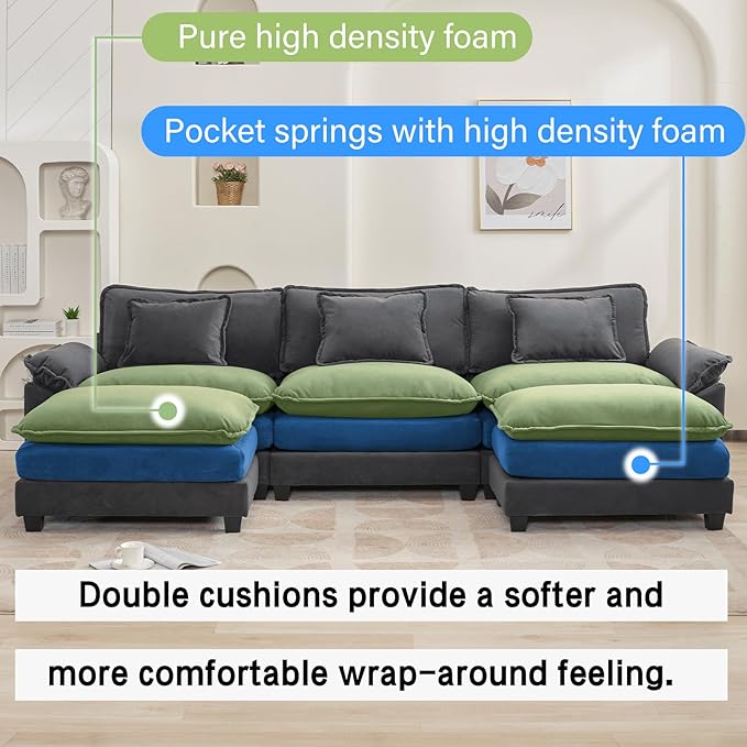 120" Modular Sectional Sofa, Comfy Cloud Couch Sectional Sofa with Ottoman, Chenille Sofa Sleeper Deep Seat Sofa with Throw Pillows for Living Room (Blue Gray, 120"- U Shape)