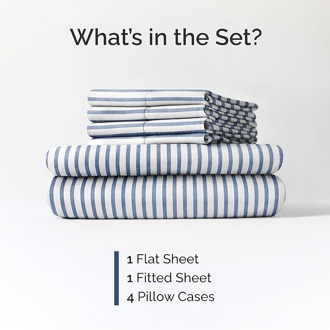 Queen 6 Piece Sheet Set - Cooling & Breathable Bed Sheets - Hotel Luxury Bed Sheets for Women, Men, Kids & Teens - Bedding w/Deep Pockets & Easy Fit - Soft & Wrinkle Free - Queen Blue Stripes Sheets