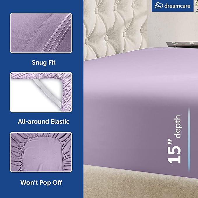 DREAMCARE King Size Sheets Set - Cooling Bed Sheets - 4pcs Set - up to 15" Deep Pocket King Sheet Set – Soft & Long Lasting Cooling - 100% Fine Brushed Microfiber with Side Pocket - Lavender DREAMCARE