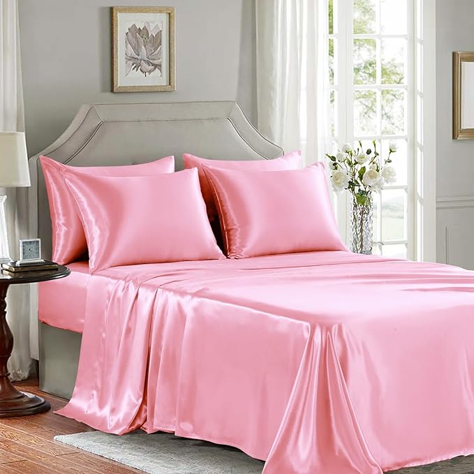 Satin Sheets Queen Size - 6 Pieces Luxury Silky Soft Bed Sheets, Wrinkle-Free Light Pink Satin Silk Sheet Set with 1 Deep Pocket Fitted Sheet, 1 Flat Sheet, 4 Pillow Cases