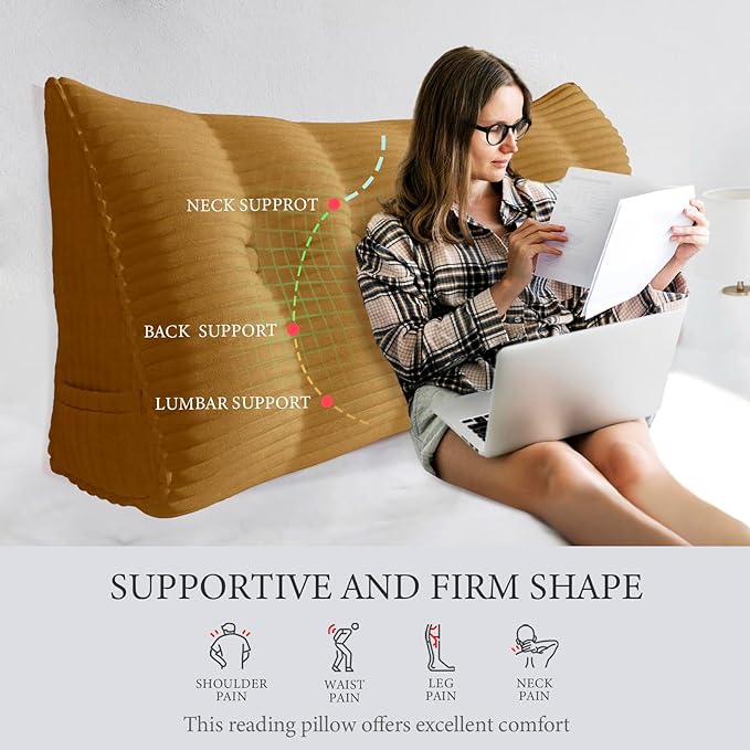 11 lbs Thickened Headboard Pillow Wedge Pillow Headboard Reading Pillow Bed for Comfortable Backrest Reading Triangular Pillow with Side Pocket Backrest Pillows for Sitting in Bed Queen