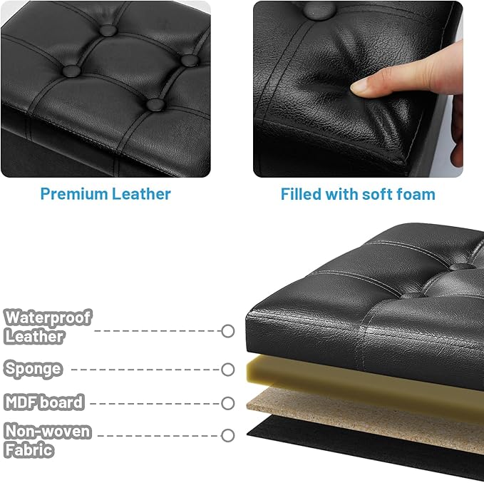 Storage Ottoman Foot Rest Stool, Small Leather Storage Ottomans Bench, Folding Footstool with Side Pockets, Foot Rest Under Desk for Living Room Bedroom, 15x15x15 in, Black