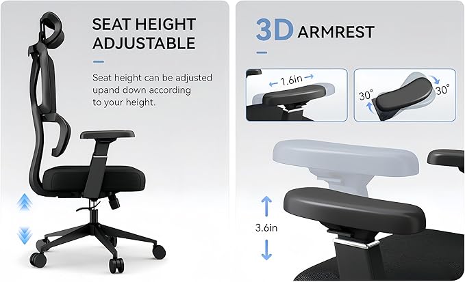 Ergonomic Office Chair - 400 lbs Capacity High-Back Mesh Computer Chair with Lumbar Support, Adjustable Headrest | Home and Gaming Desk Chair，Black