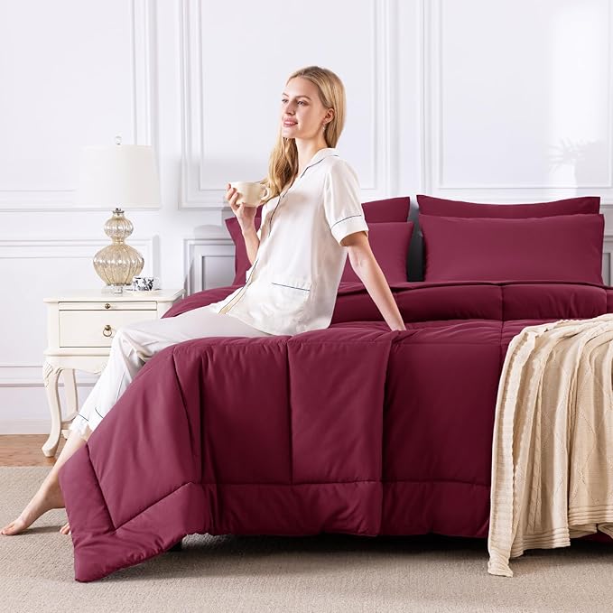 CozyLux Queen Comforter Set Burgundy, 7 Pieces Bed in a Bag, Red Comforter Queen Size, All Season Bedding Sets with Stitch Quilted Comforter, Flat Sheet, Fitted Sheet, Pillowcases