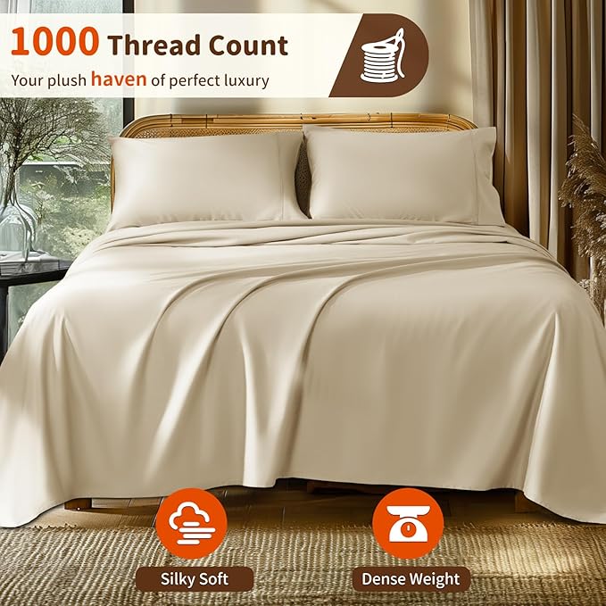 LBRO2M 1000 Thread Count 100% Egyptian Cotton Sheets Set Full Size, 4 Piece Sets Bed Sheet Deep Pocket Sheet Set 16" Soft Comfortable All Season (Full, Linen)