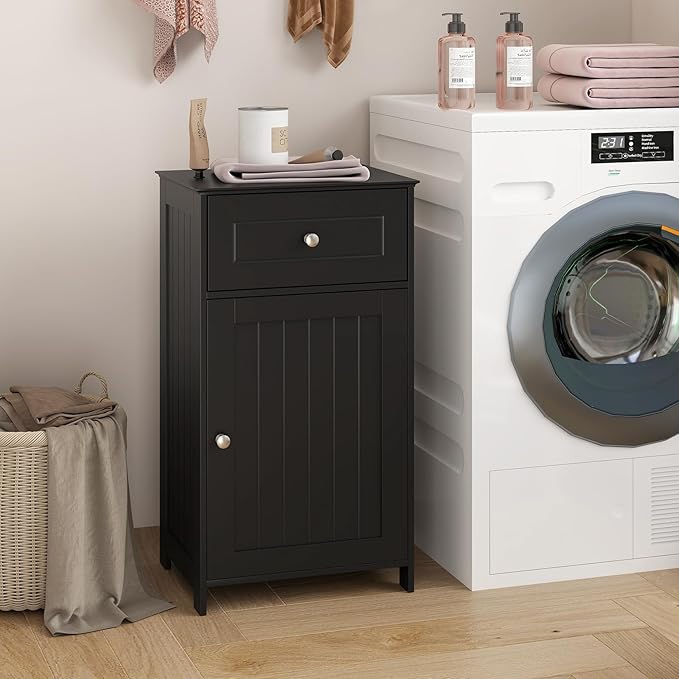 Tangkula Small Bathroom Cabinet for Small Spaces, Free-Standing Single Door Storage with Adjustable Shelf, Anti-Tipping Device, Smooth Drawer, Floor Cabinet for Bathroom & Living Room (Black)