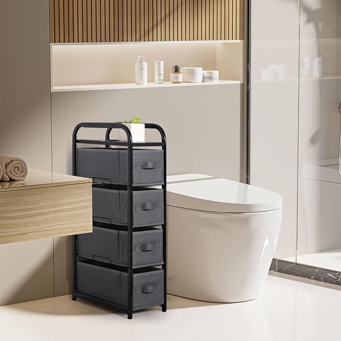 MAX Houser 4 Drawer Narrow Dresser Fabric Storage Tower Vertical Slim Storage Chest Organizer Nightstand Side/End Table Small Standing Organizer Removable Drawers Wood Top for Bedroom, Bathroom（Grey