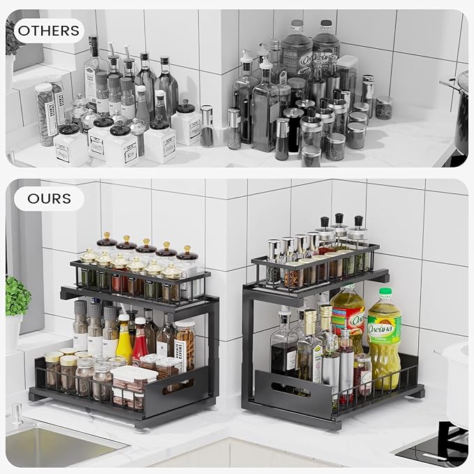 2 Pack Under Sink Organizer, Heavy Duty Metal Slide Out Sink Shelf Organizer Height Adjustable, Multi-Purpose Storage Shelf for Kitchen Bathroom (Black,2Pack)