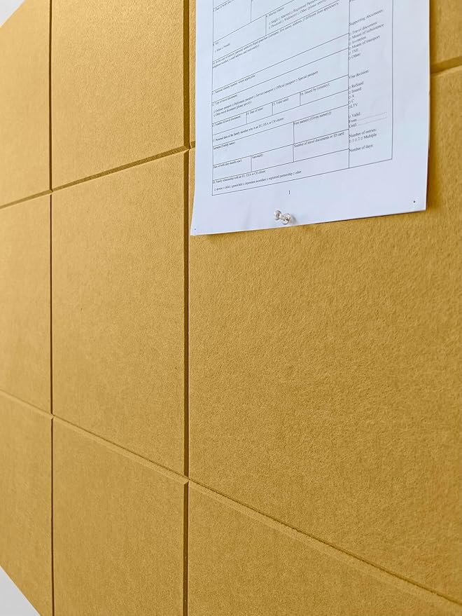 Felt Wall Tiles | Large Cork Board Alternative | Aesthetic Felt Bulletin Board for Office, Home & Classroom | Large Cork Boards for Walls Pinboard (12-Pack) | Mustard