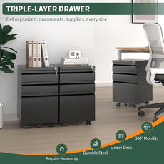 3 Drawer File Cabinet with Lock,Under Desk Rolling Small Filing Cabinet for Home Office Storage,Mobile Steel Cabinets with Wheels,Black,Requires Assembly