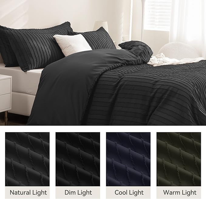 JELLYMONI Duvet Cover Twin Size Black - 3PCS Boho Striped Duvet Cover Set Polyester Tufted Bohemian Textured Comforter Cover 68×90in with Corner Ties & Zipper and 2 Pillowcases