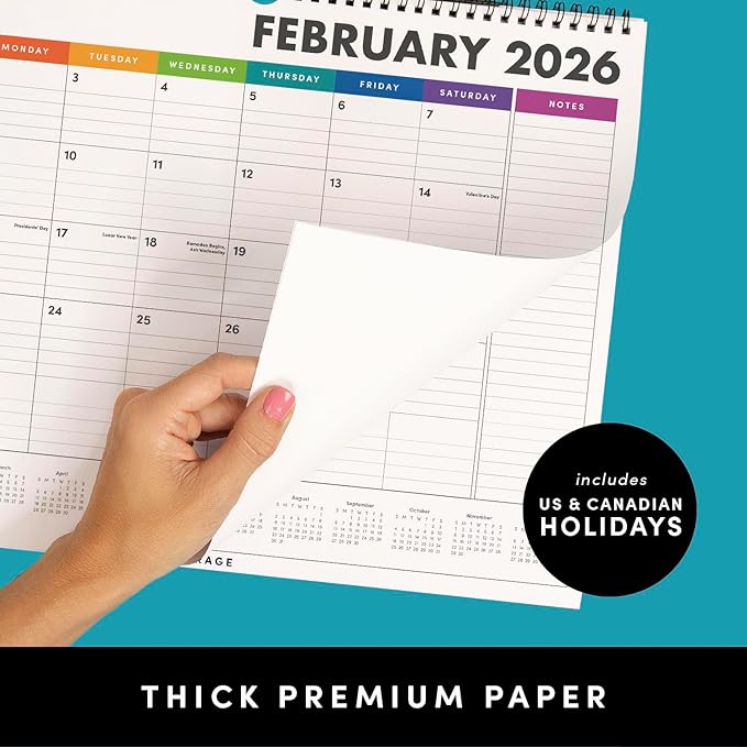 PAPERAGE 2026 Calendar, 12 Months (January 2026 - December 2026), Medium (11.5 in x 14.75 in), Minimalist Wall and Desk Calendar with Monthly Views, Yearly Plans & Notes Section – Rainbow