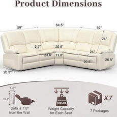 Manual Reclining Sectional Sofa Set, 5 Seats Soft Leather Recliner Corner Sectional Couch, Family-Sized L-Shaped Recliner Couch with USB Charging, Thickened Padding, Sturdy Frame, White
